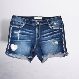 EST. 1946 Distressed Denim Shorts 16W Plus Size Heart & Diamond Patch Raw Hem